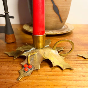 Brass Holly Candlestick Holders (2)