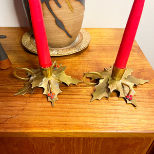 Brass Holly Candlestick Holders (2)