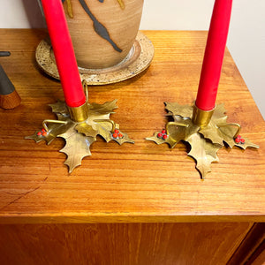 Brass Holly Candlestick Holders (2)